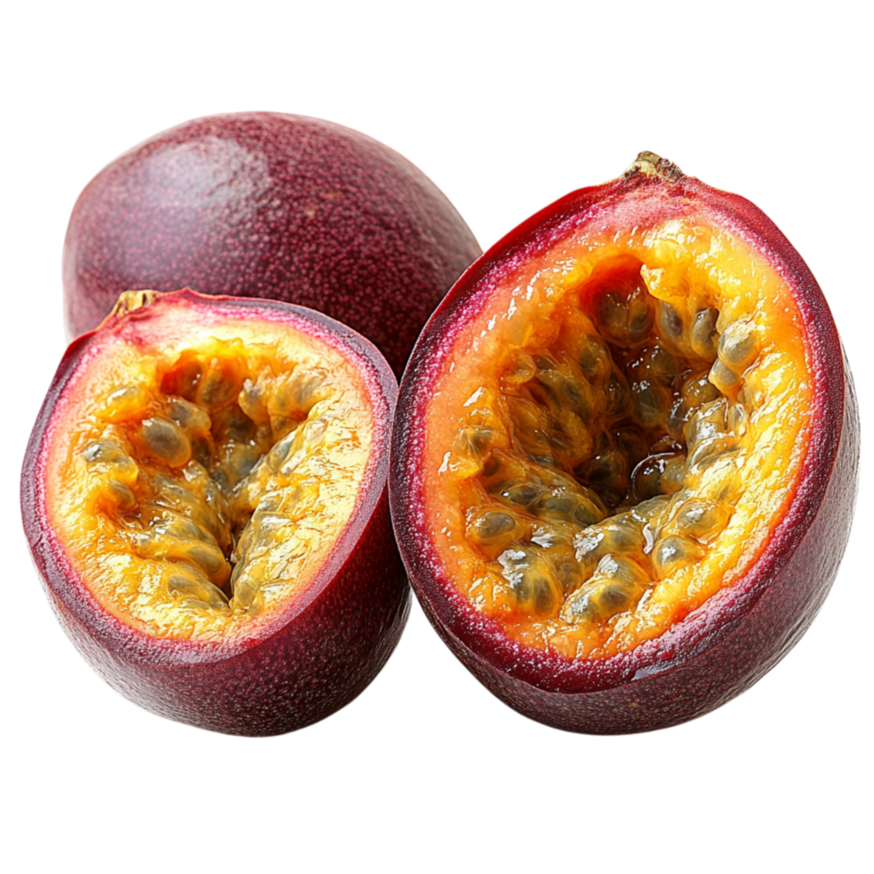 Fresh passion fruits cut in half show bright yellow pulp filled with seeds png