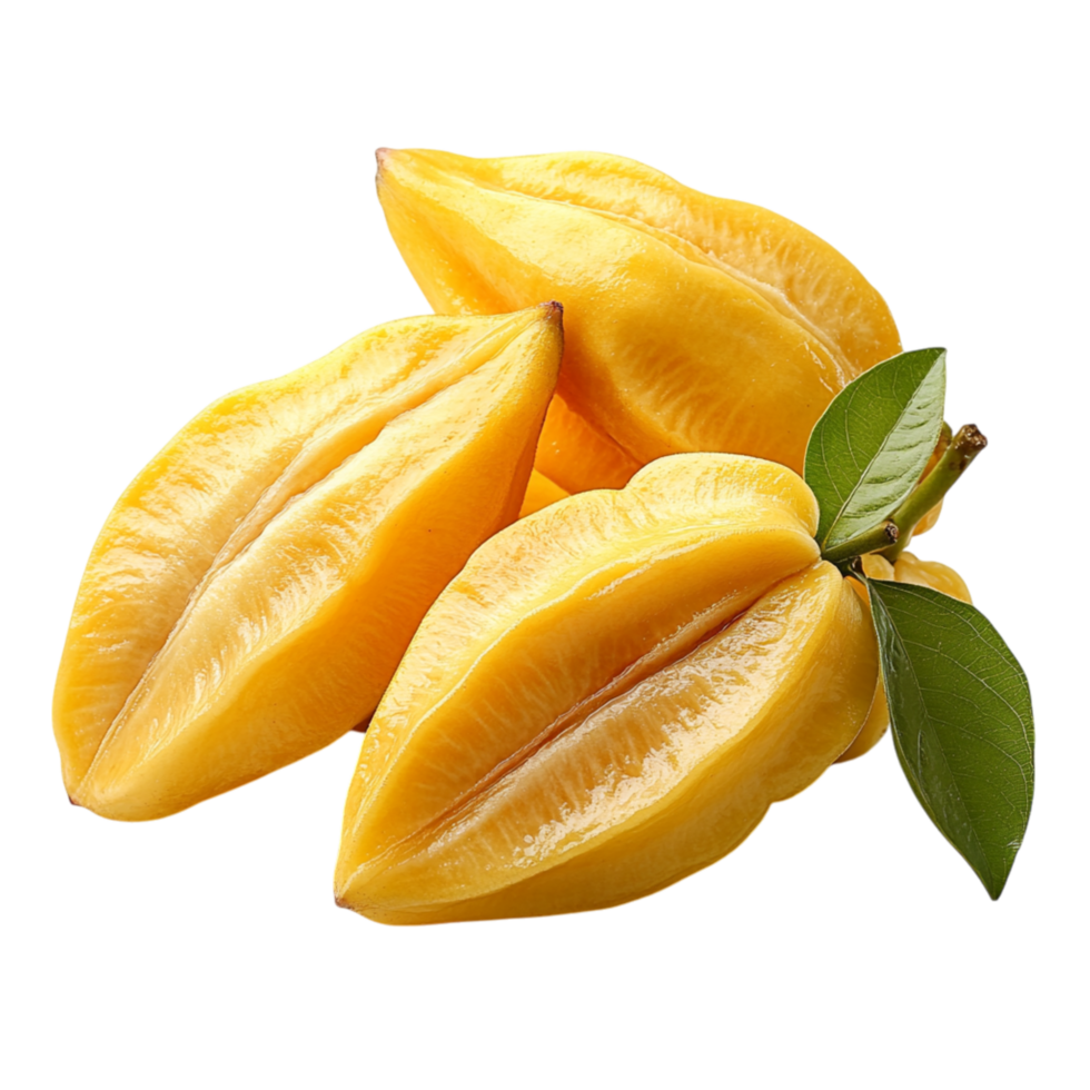 Ripe yellow star fruits with a smooth waxy texture and fresh green leaves look juicy and exotic making them a delicious and refreshing tropical delight png