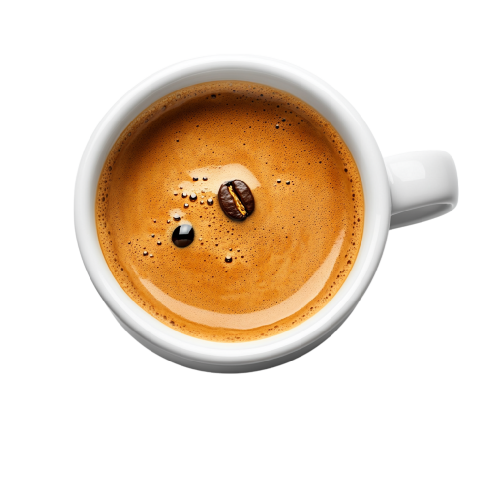 Steaming cup of espresso with a rich golden crema and floating coffee beans offers a strong and aromatic boost making it a favorite drink for coffee lovers png