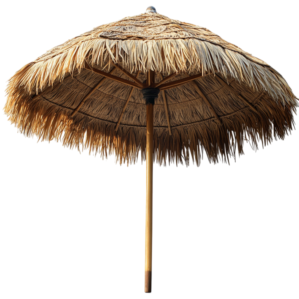 Thatched beach umbrella with a wide straw canopy and a sturdy wooden pole providing essential shade and a tropical aesthetic for relaxing sunny beachside retreats png
