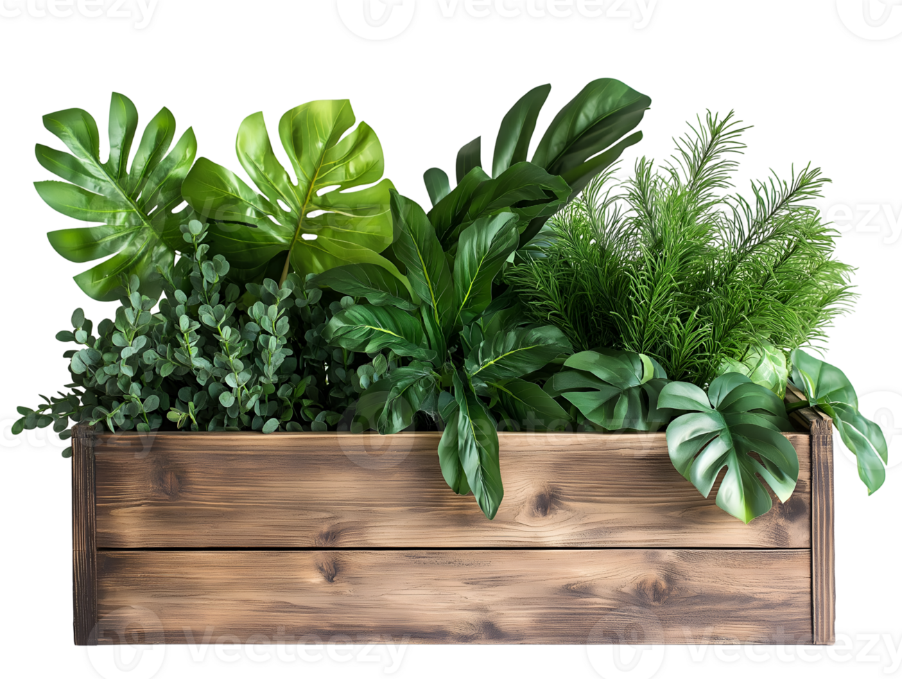Wooden Planter Box with Lush Green Plants Transparent png
