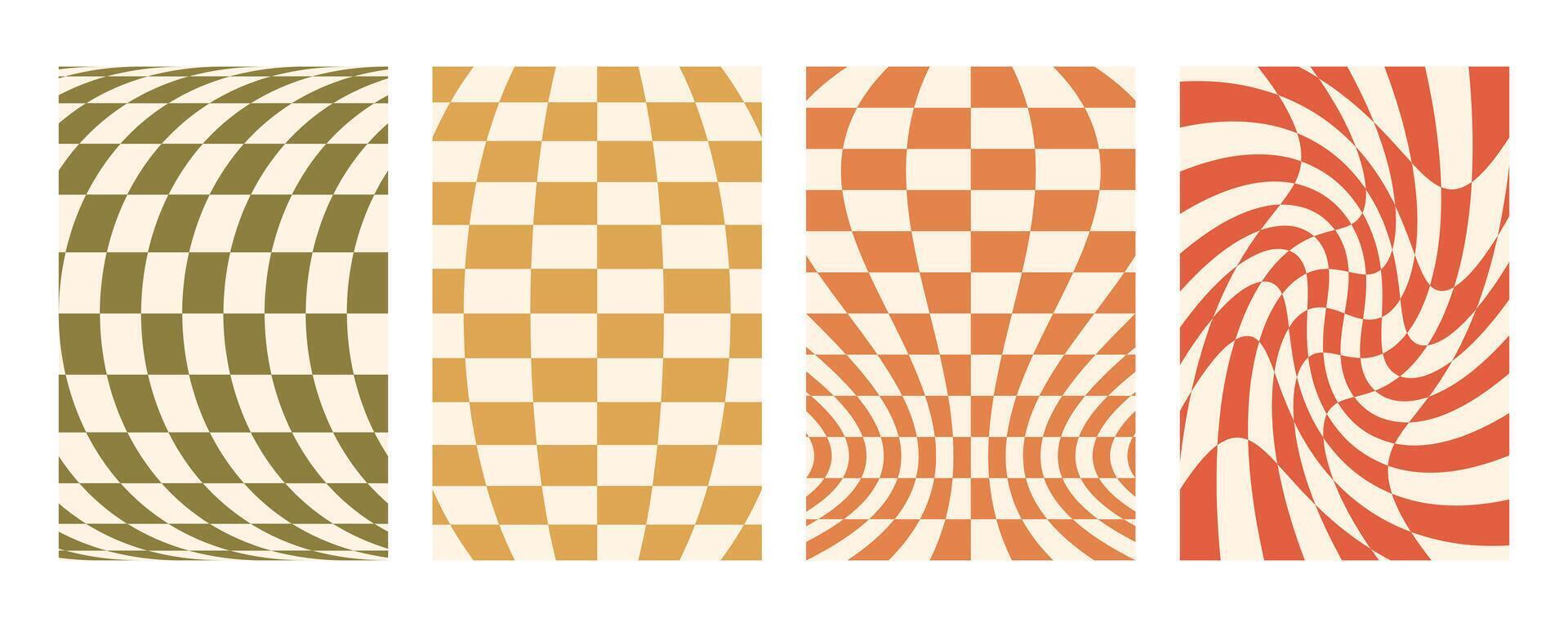 Groovy distorted checkered background set. Hand drawn groovy, hippie backgrounds. Distorted checker, warped streaks, fluid liquid wavy lines, doodle waves. Checkered rectangle templates collection. vector