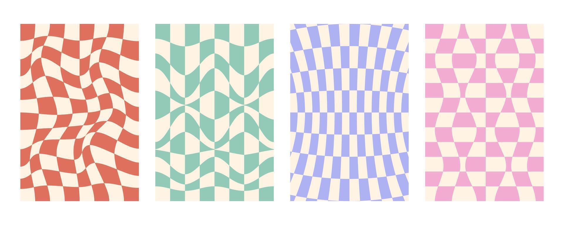 Groovy distorted checked background set. Hand drawn groovy, hippie backgrounds. Distorted checker, warped streaks, fluid liquid wavy lines, doodle waves. Checker rectangle templates collection. vector