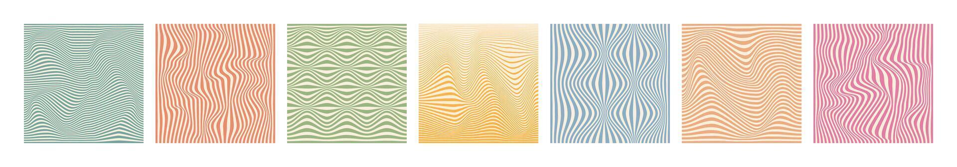 Distorted lines square background set. Groovy color lines abstract background. Trendy psychedelic retro style backdrop. Twisted distorted texture. Y2k aesthetic design vector