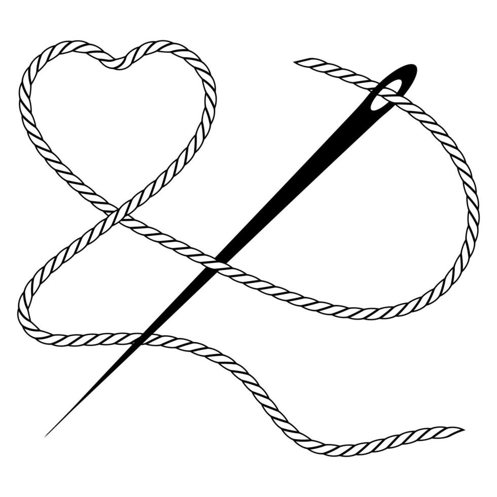 Needle thread forming heart shape, heart sewing love craft DIY vector