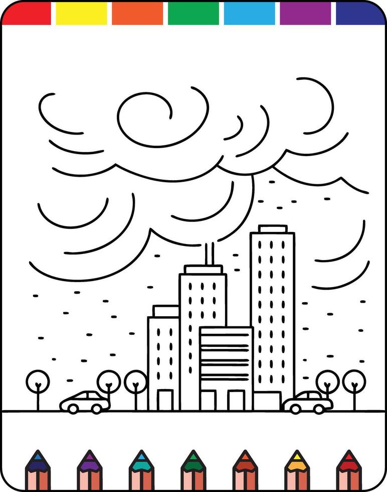 A coloring page with a city and a rainbow vector