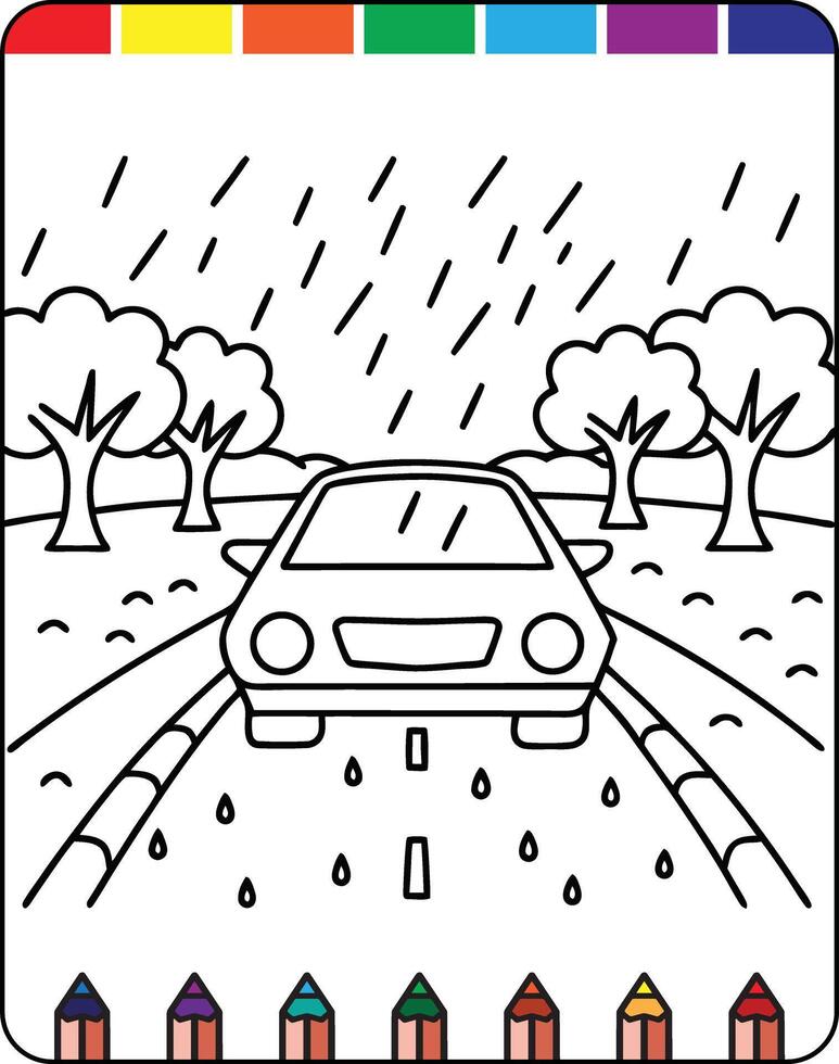 A coloring page with a car driving down the road vector
