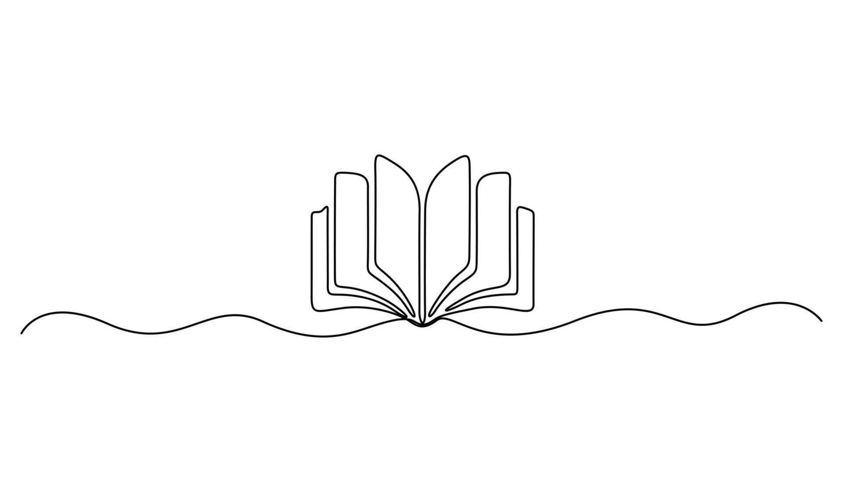 Single continuous line drawing of open book. Graphic illustration vector
