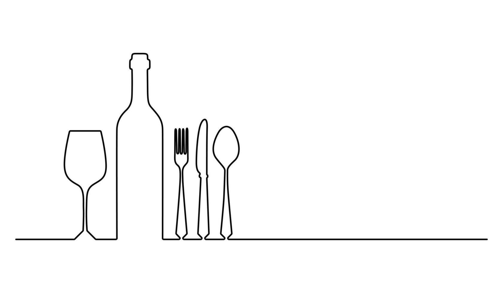 Spoon, fork, knife, and wine bottle one line drawing graphic illustration vector