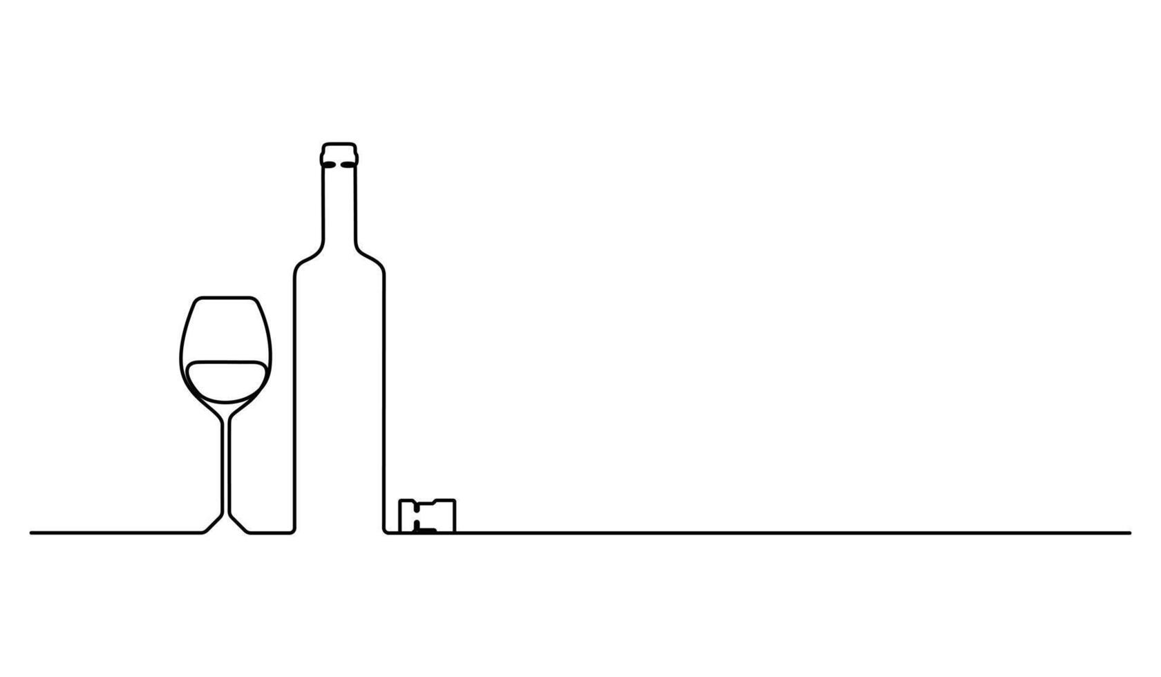 Continuous one line drawing of wine glass and bottle. Graphic illustration vector