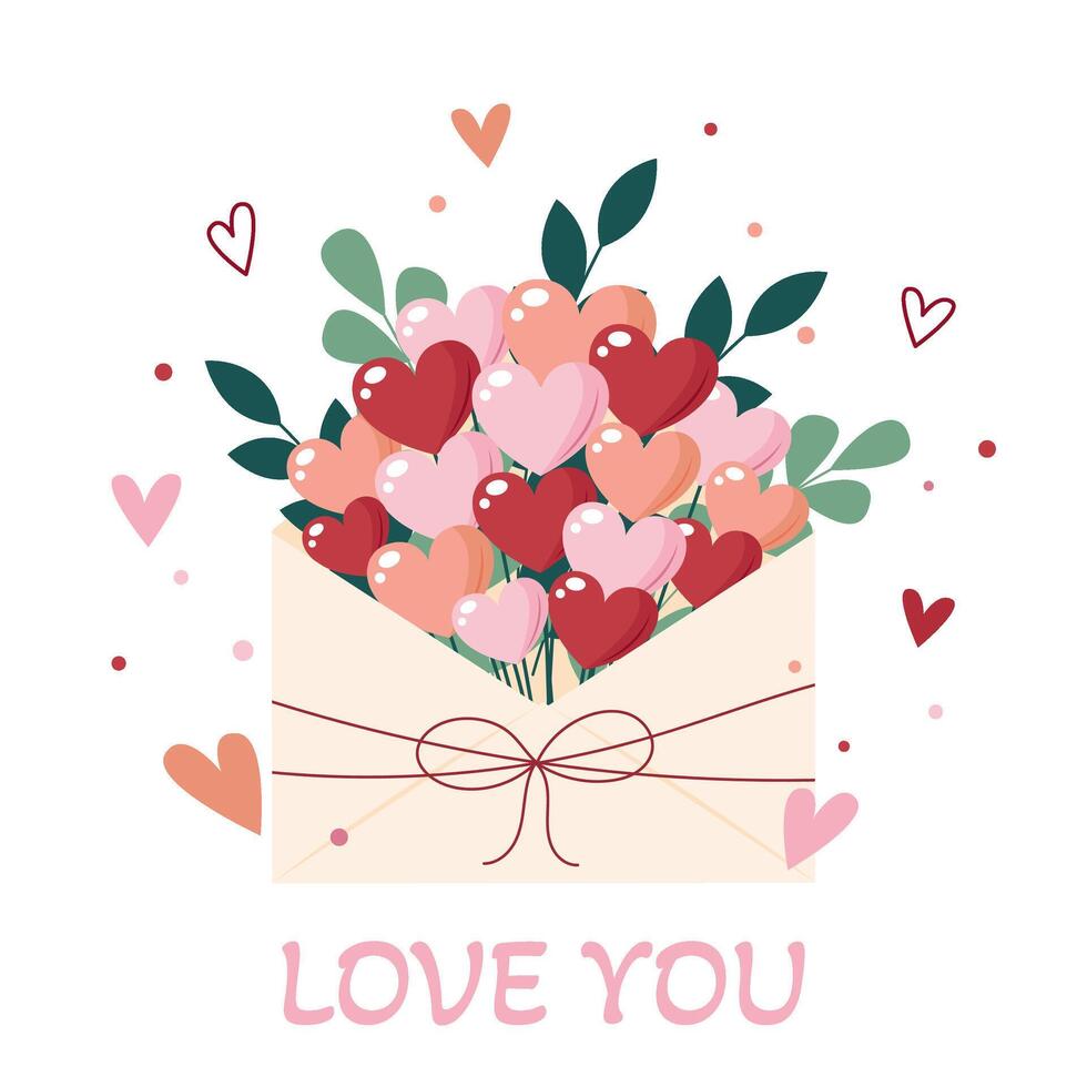 Valentines Day envelope with love letter and hearts. Holiday design in flat style. illustration vector