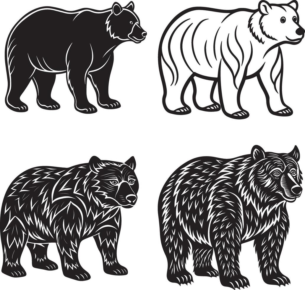 black line art bear illustration vector