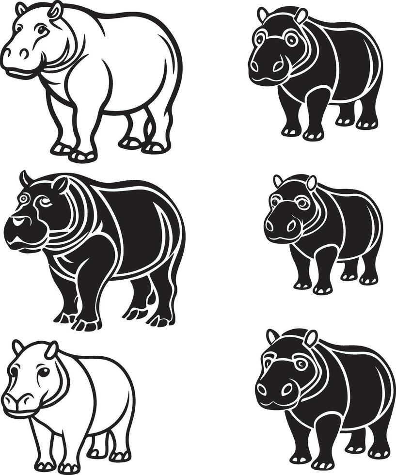 hippopotamus line icon set design vector