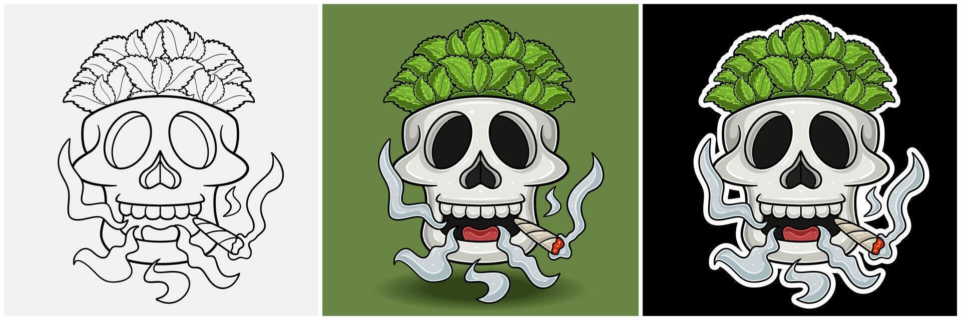 Mint Leaves Inside Skull Head With Smoking Character Cartoon. Black White, Colorful and Sticker Style. vector