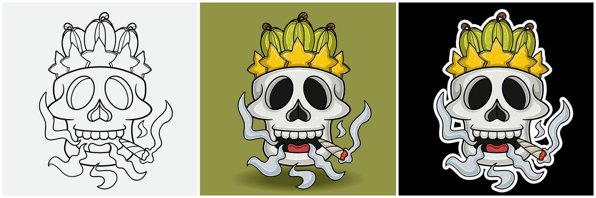 Star Fruit Inside Skull Head With Smoking Character Cartoon. Black White, Colorful and Sticker Style. vector