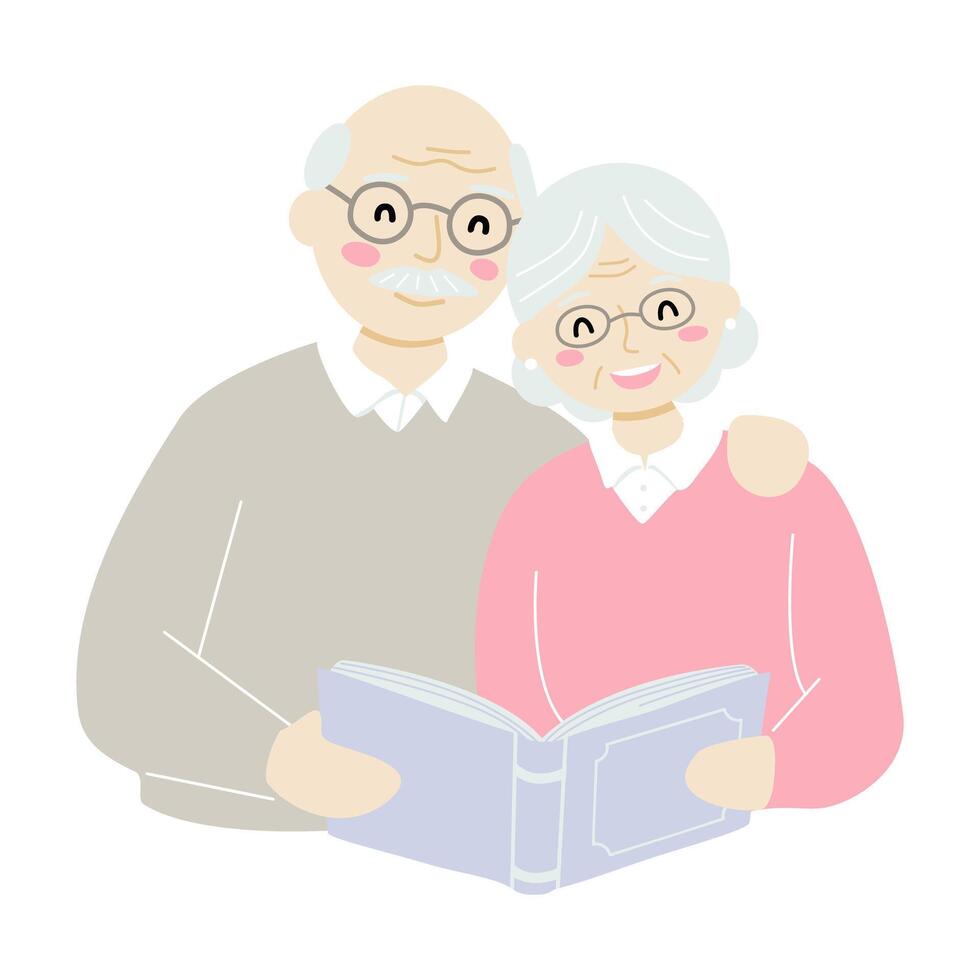 A senior couple looking through an old photo album, reminiscing about their past vector