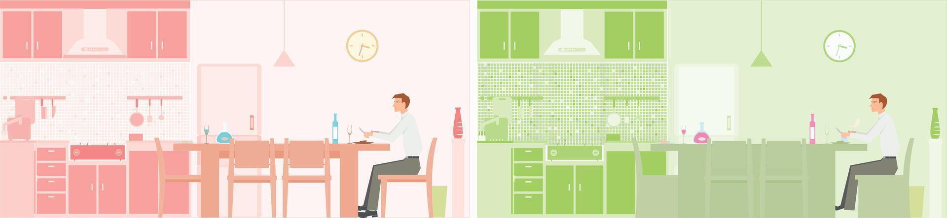 a set of four different colored images of people in the kitchen vector