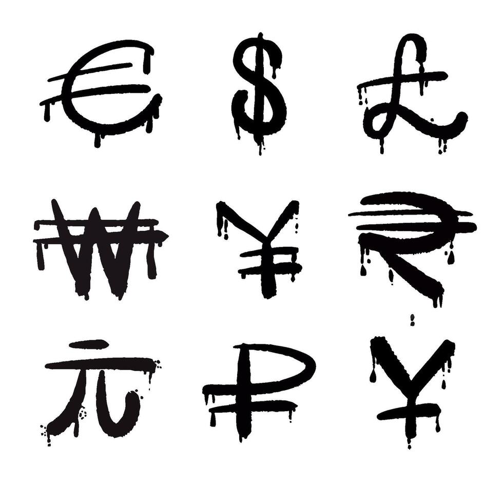 A set of hand-drawn graffiti style currency symbols. vector