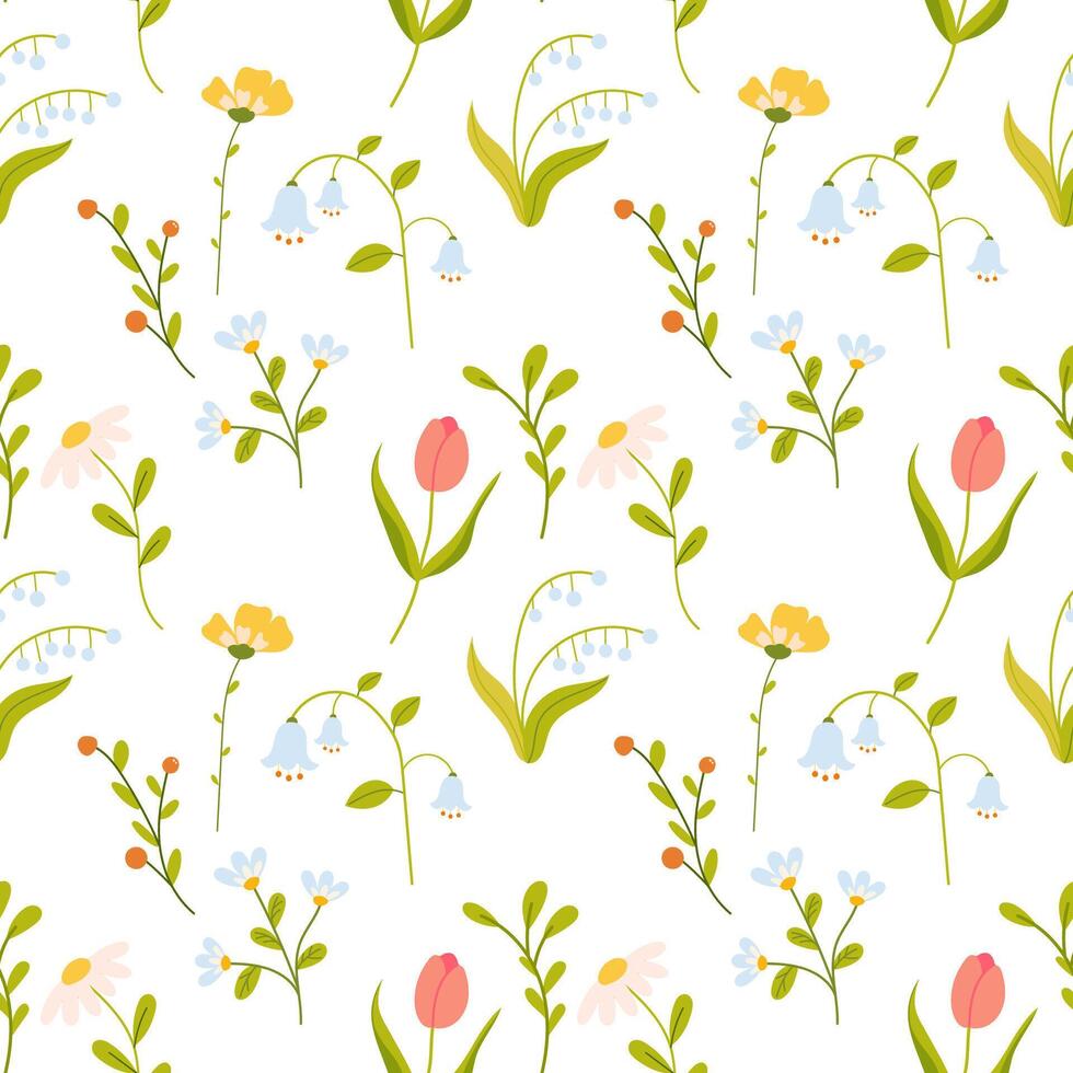 s Colorful floral pattern featuring tulips, lilies, and small wildflowers on a light background creating a vibrant design vector