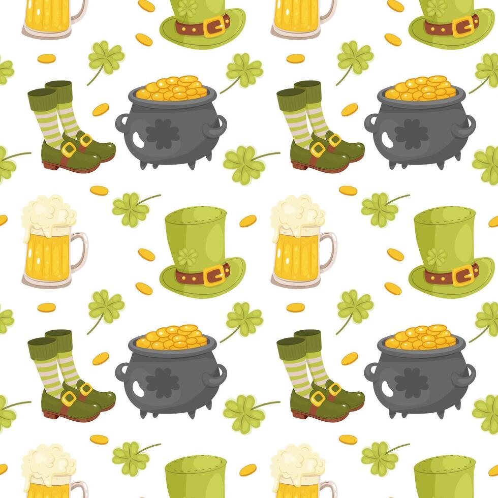 Seamless St. Patricks pattern. Beer, shoes and striped gaiters. On background, wrapping paper, fabric vector