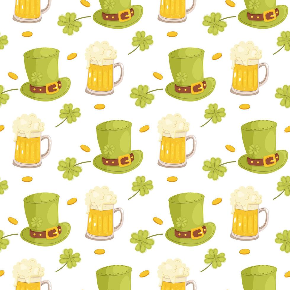 Seamless Patricks pattern. Beer, hat, shoes and striped gaiters. On background, wrapping paper, fabric vector