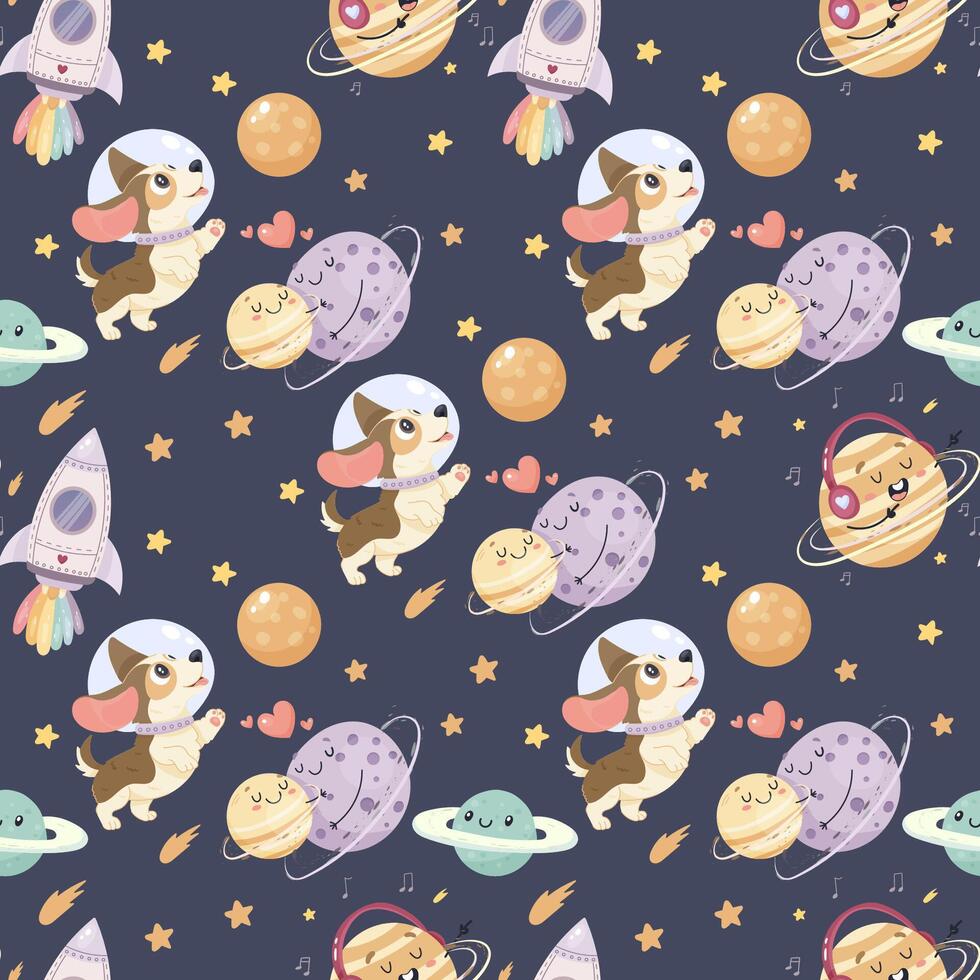 Seamless space pattern, cute space baby pattern. A planet and a rocket and a dog vector