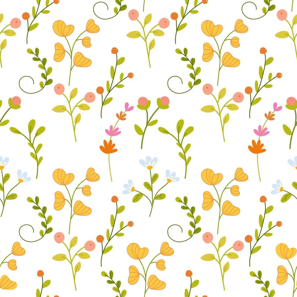 a Colorful floral pattern featuring tulips, lilies, and small wildflowers on a light background creating a vibrant design vector