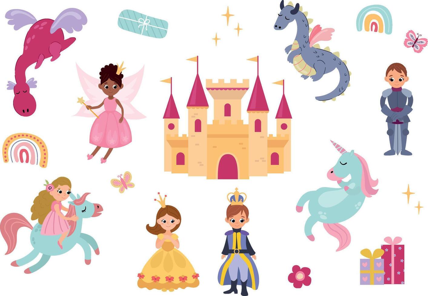 Set of hand drawn princess, prince, castle, dragon, unicorn and other details for children's design. White background, isolate vector