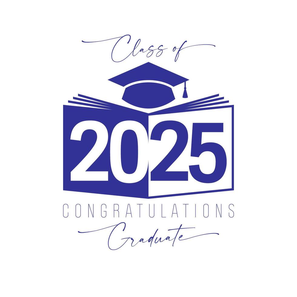 Educational icon for 2025 graduates with open book, creative number and motarboard cap. Blue and white colors. vector