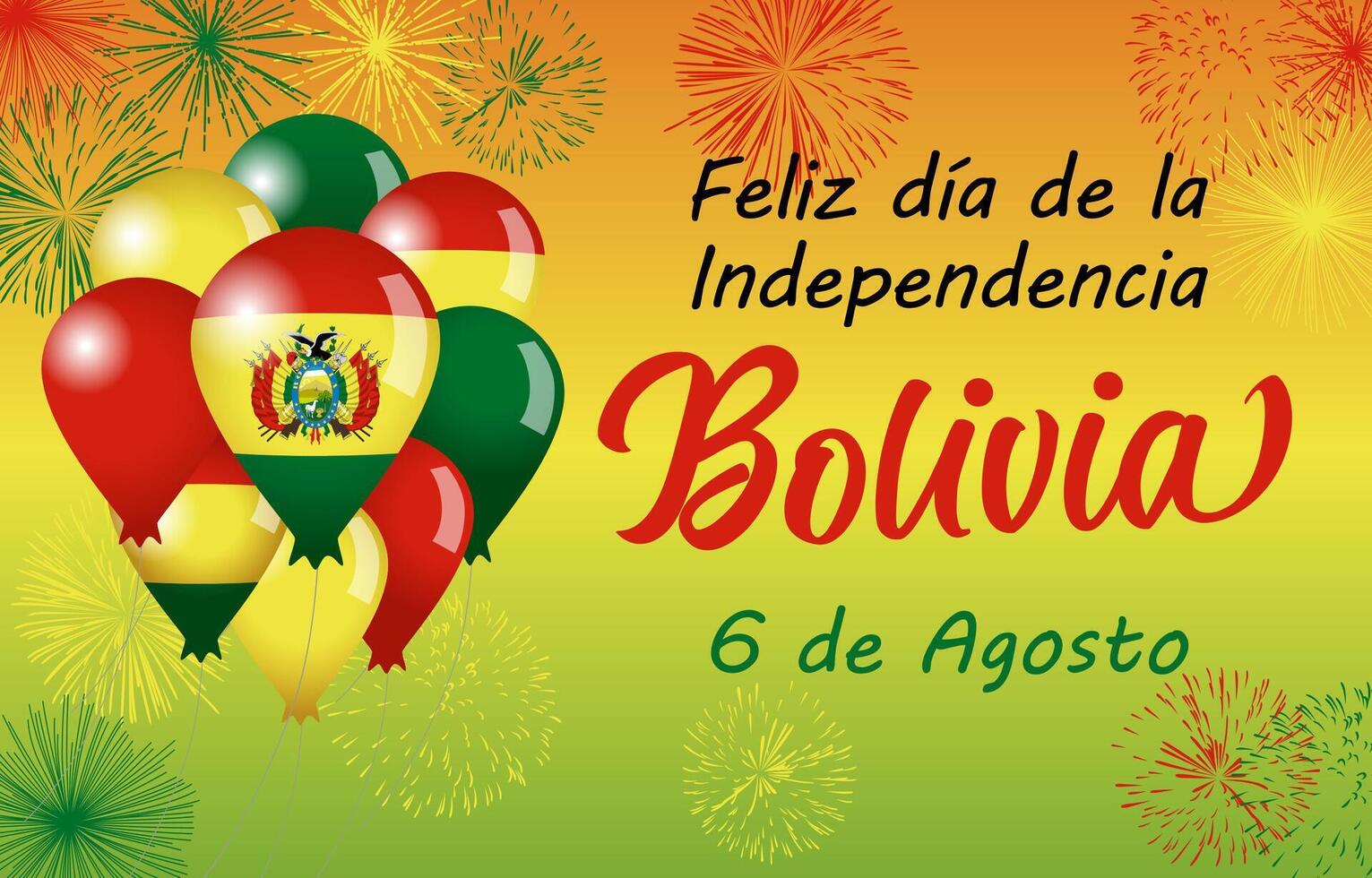 Bolivia's Independence Day August 6 greeting card design. Happy Independence Day Bolivia 6th of August postcard template with 3D balloons and fireworks. vector