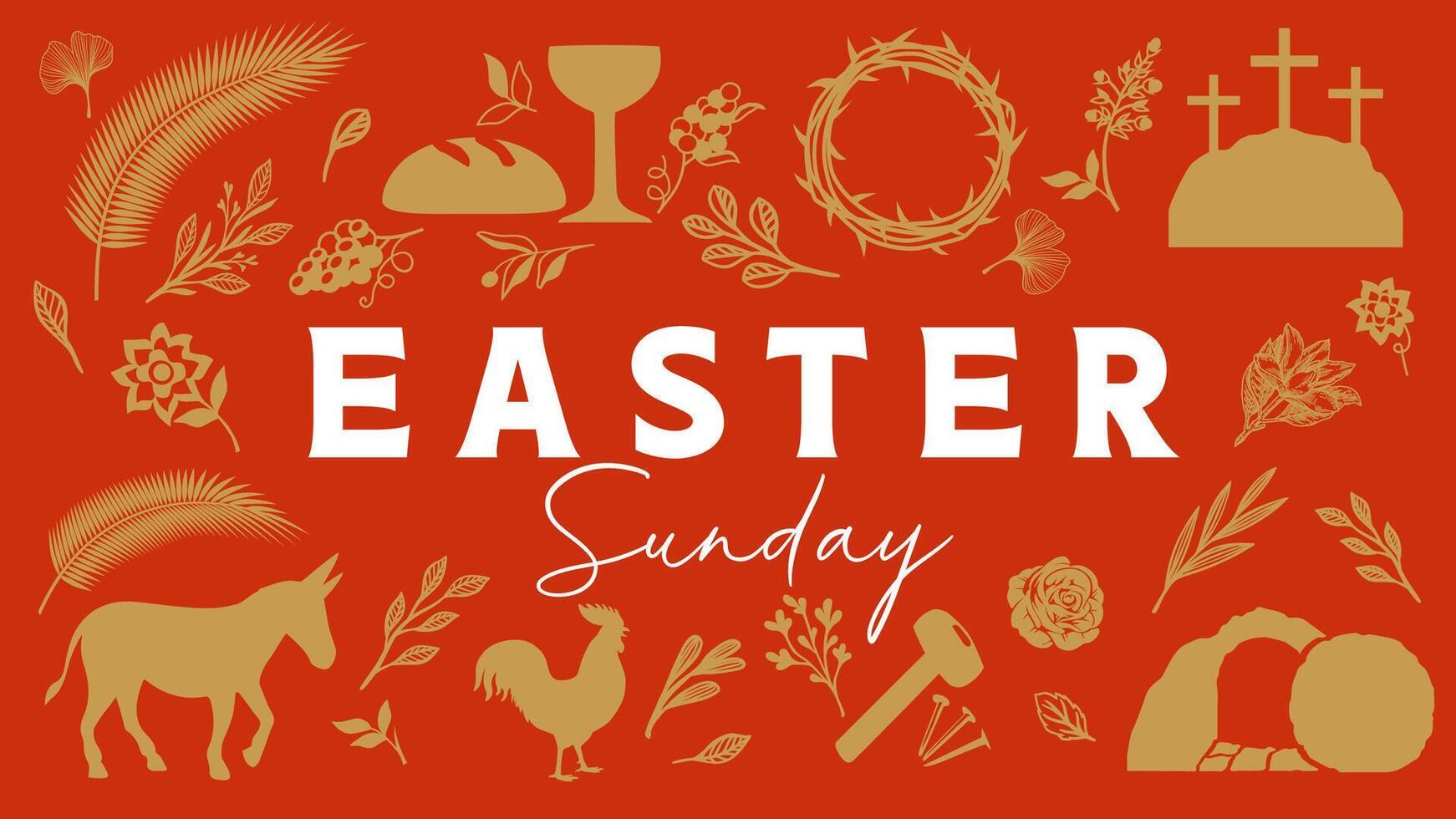 Easter Sunday, creative concept with golden pattern of Holy Week symbols. Good Friday invitation for church with icons of Christian holiday. Illustration of Palm Sunday, Calvary and open tomb vector