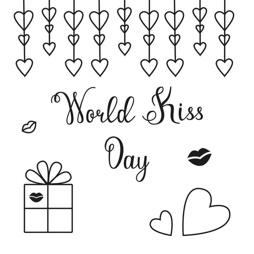 World Kissing Day image in doodle style. Greeting card with the image of lips, boxes with gifts and hearts. vector