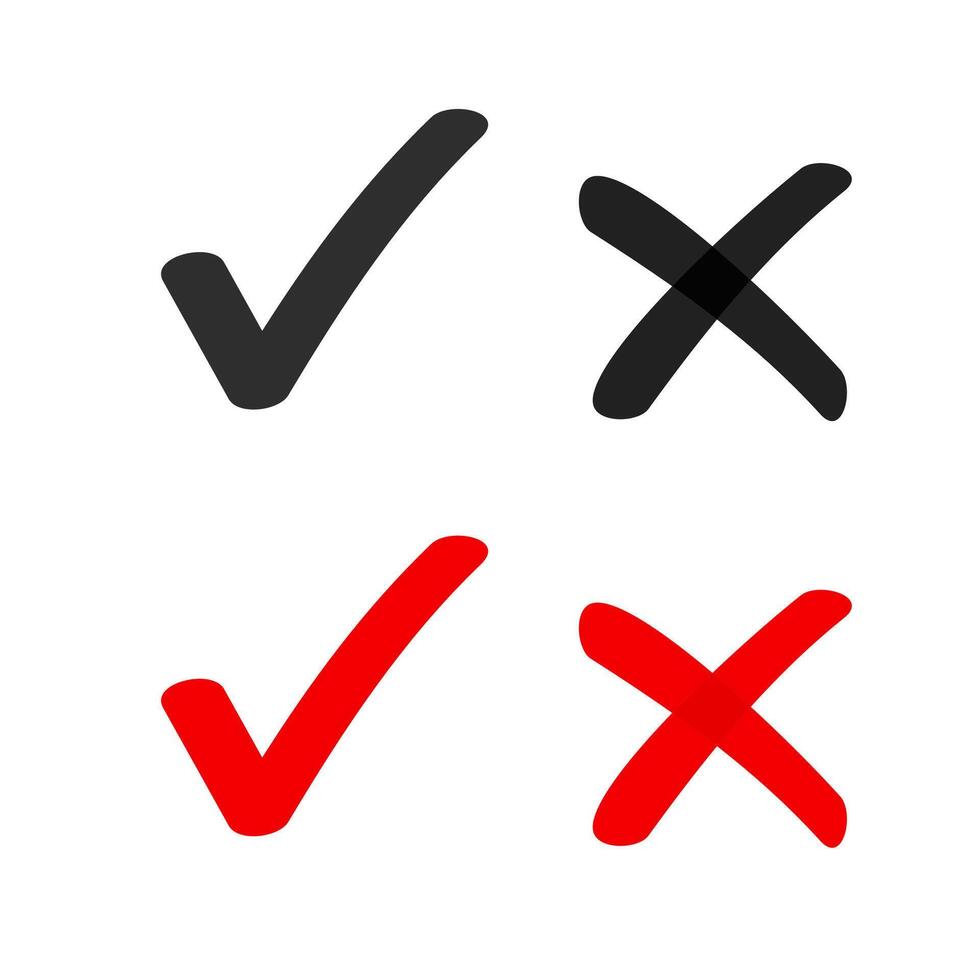 Yes no check box list marker ticks icons isolated, x close handdrawn cross, ok doodle poll vote checkmark, right wrong drawing, approved and declined decision form accept or deny element sign vector