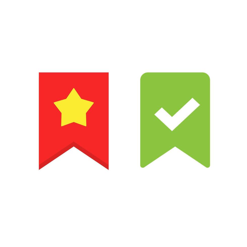 Bookmark icon label element design isolated flat symbol, book mark starred and checked ui tag pictogram red green color vector