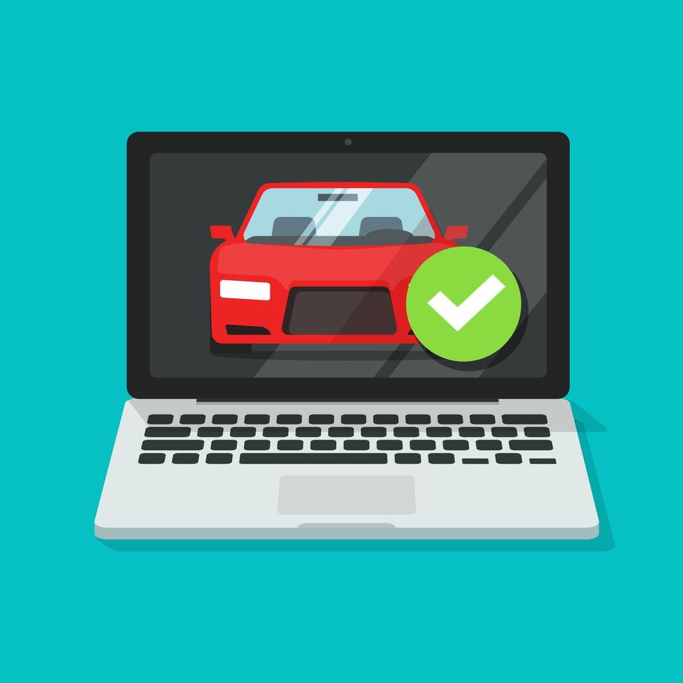 Vehicle car online insurance contract policy document on laptop computer with approved checkmark security or pc automobile protection agreement verified flat, concept of auto rent purchase vector