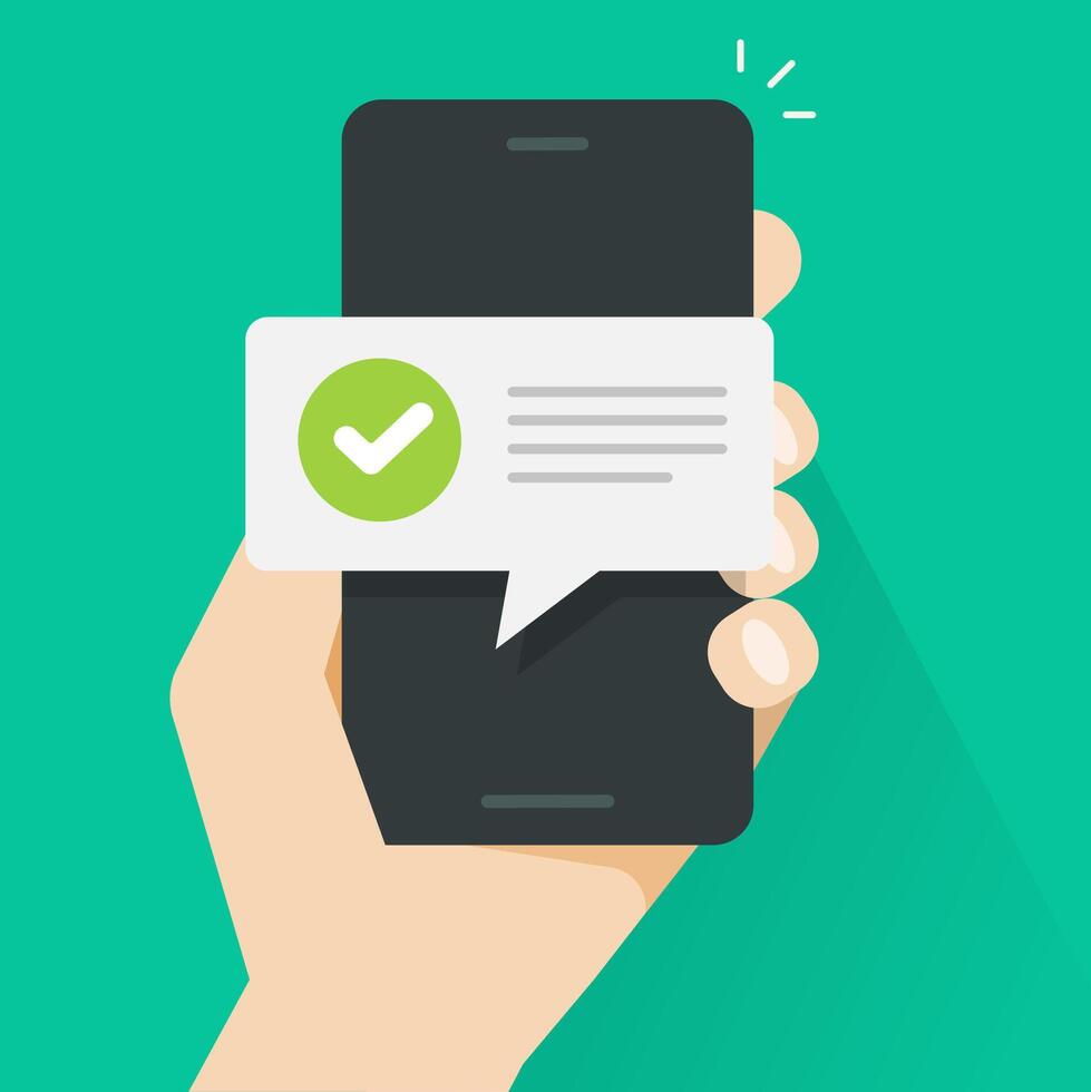 Push notice notification message on mobile phone person, smartphone cellphone sms speech bubble with updated checkmark tick and text flat cartoon, digital update completion or accepted alerts vector