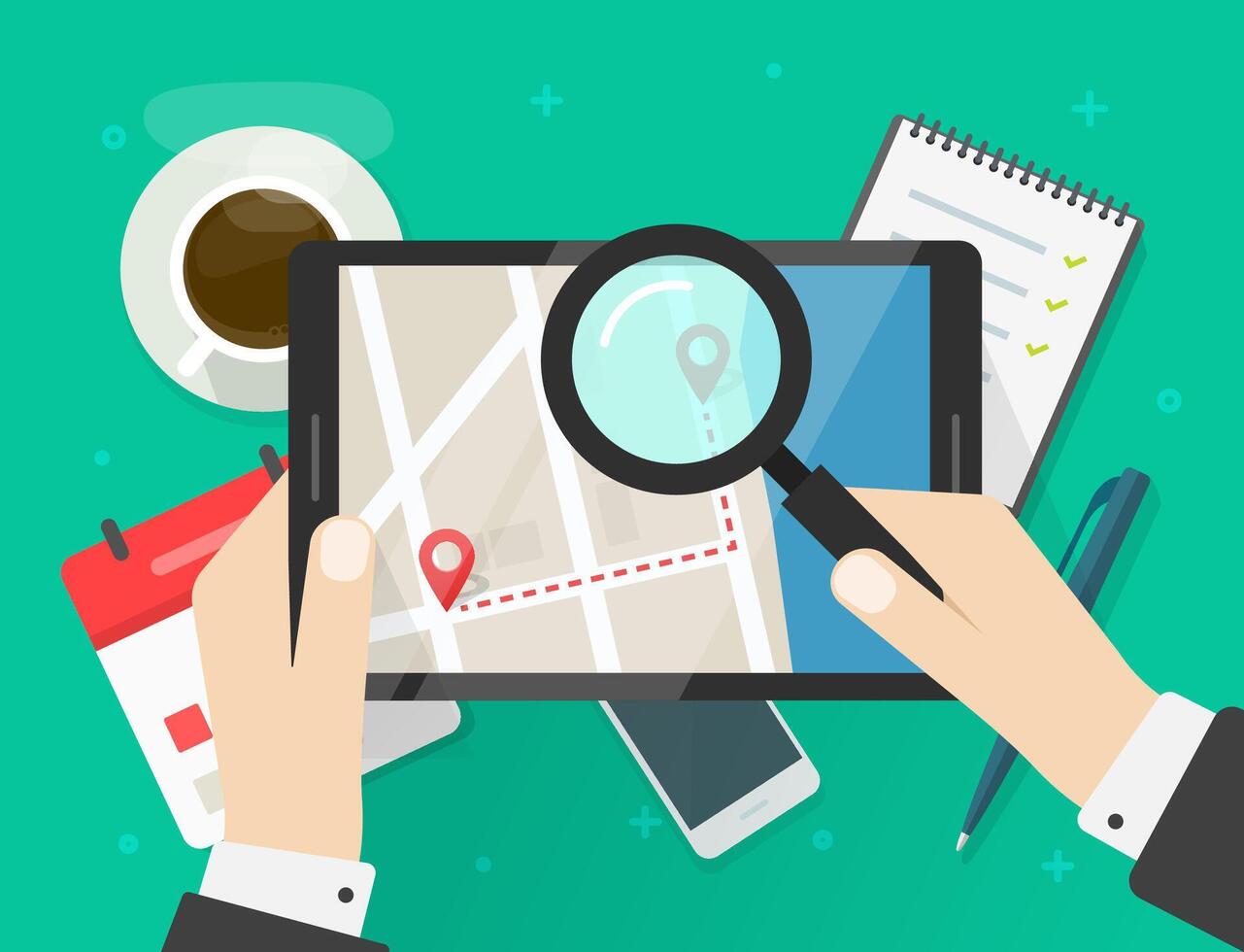 Searching road map location illustration or reviewing trip travel direction route on city navigation digital tablet computer flat, man person exploring roadmap, find street place destination vector
