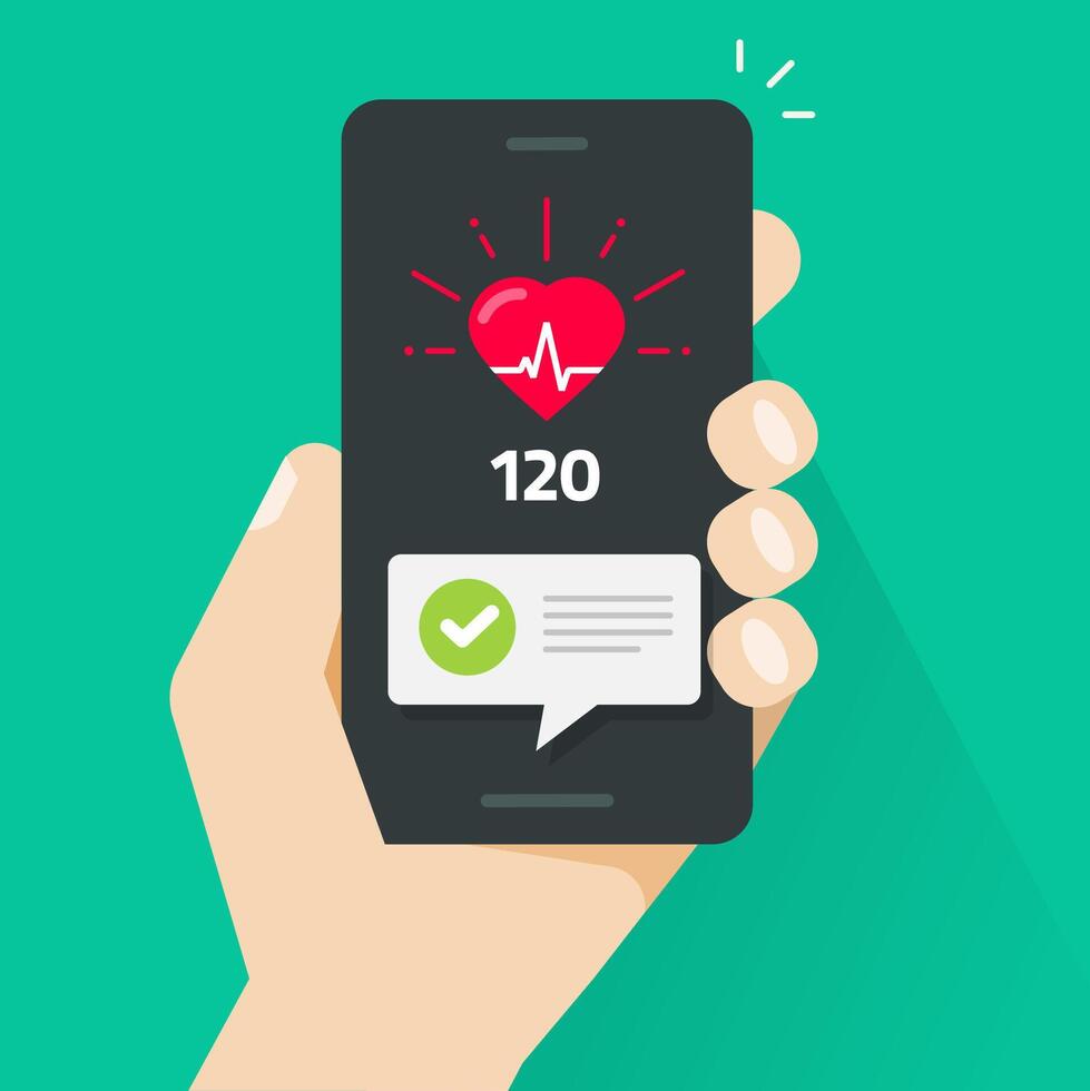 Heart health check test on mobile phone app tracker person hand , smartphone and man heartbeat good pulse cardiogram line flat cartoon illustration, medical cardiology beat cellphone application vector
