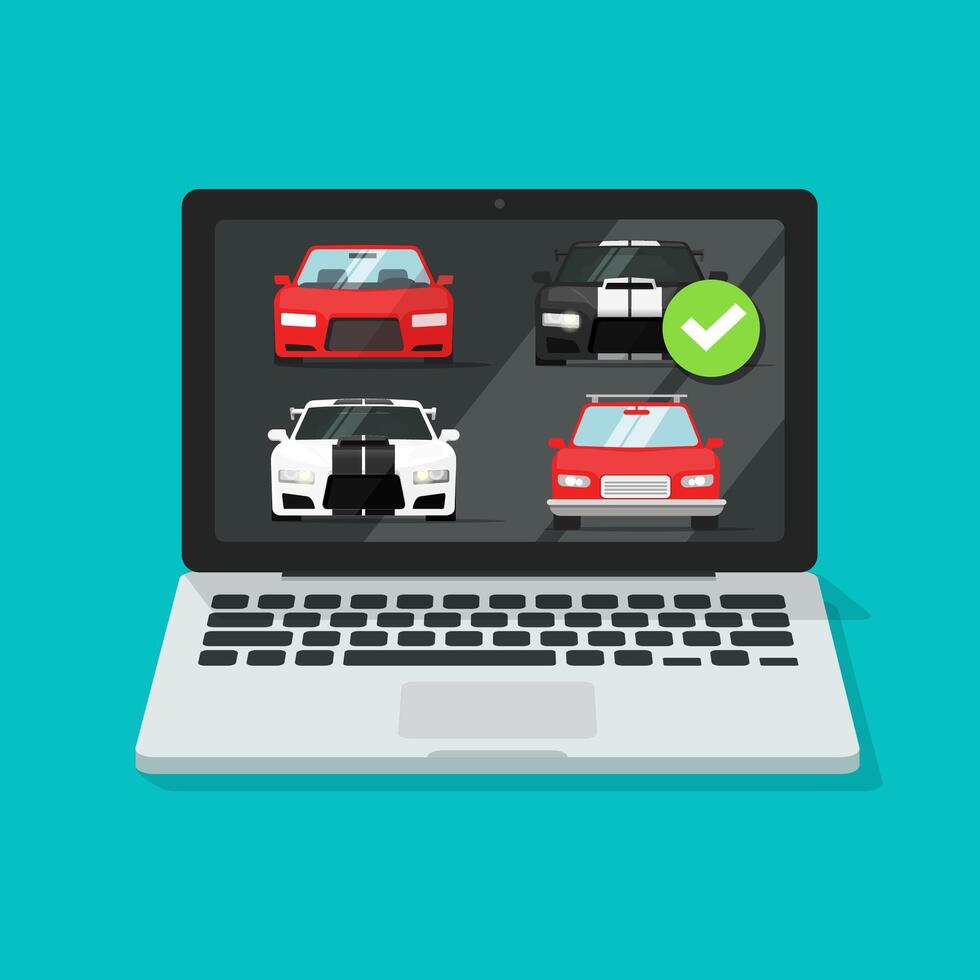 Car auto auction online on laptop computer or pc rental vehicle internet shop website comparison with choosing automobiles flat, concept of digital store buying screen or web selling modern vector