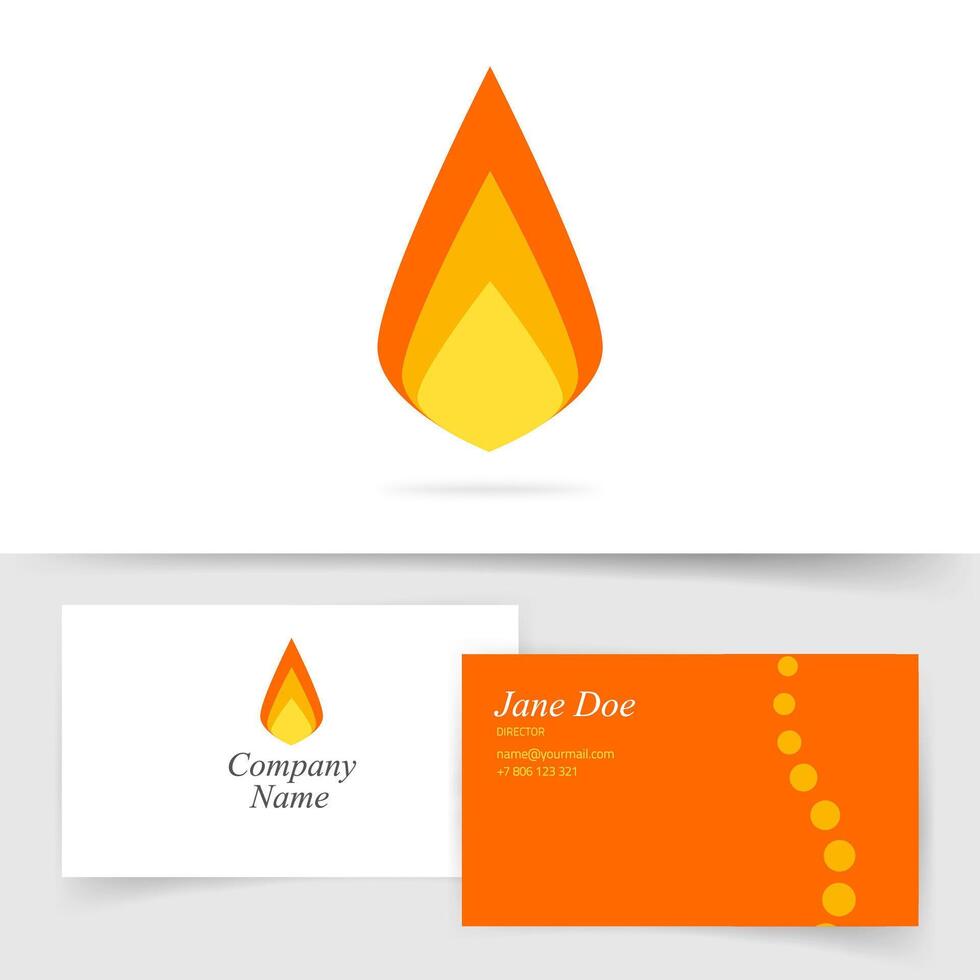 Fire flame logo icon flat cartoon on business card template design, ignite blaze geometric symmetric symbol, idea of hot drop label or campfire fireplace sign isolated vector
