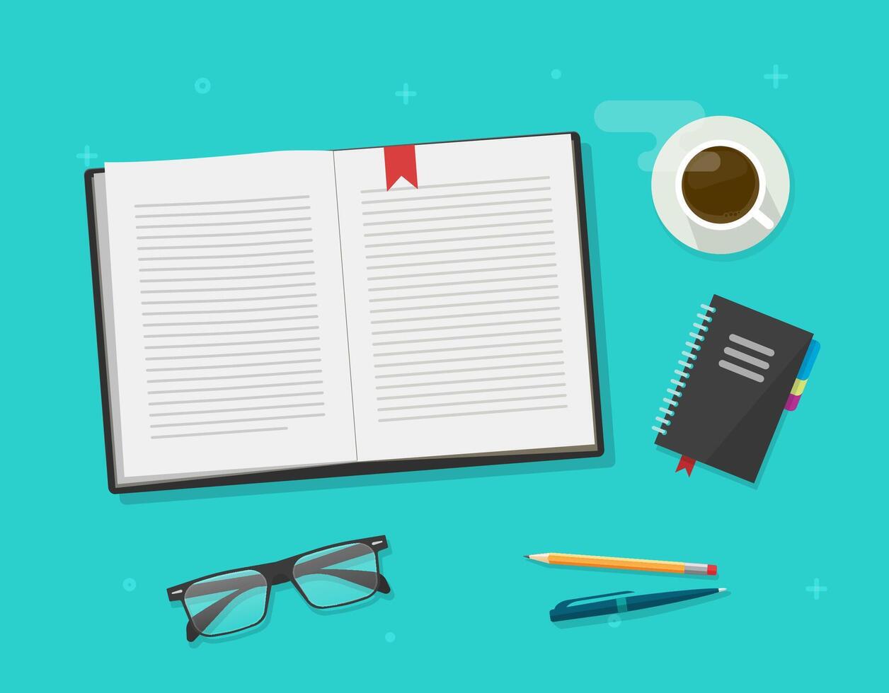 Book or notebook diary open reading on learning desk table top , writing textbook text pages, notepad paper with bookmark, pen and pencil on workplace flat cartoon illustration modern design vector