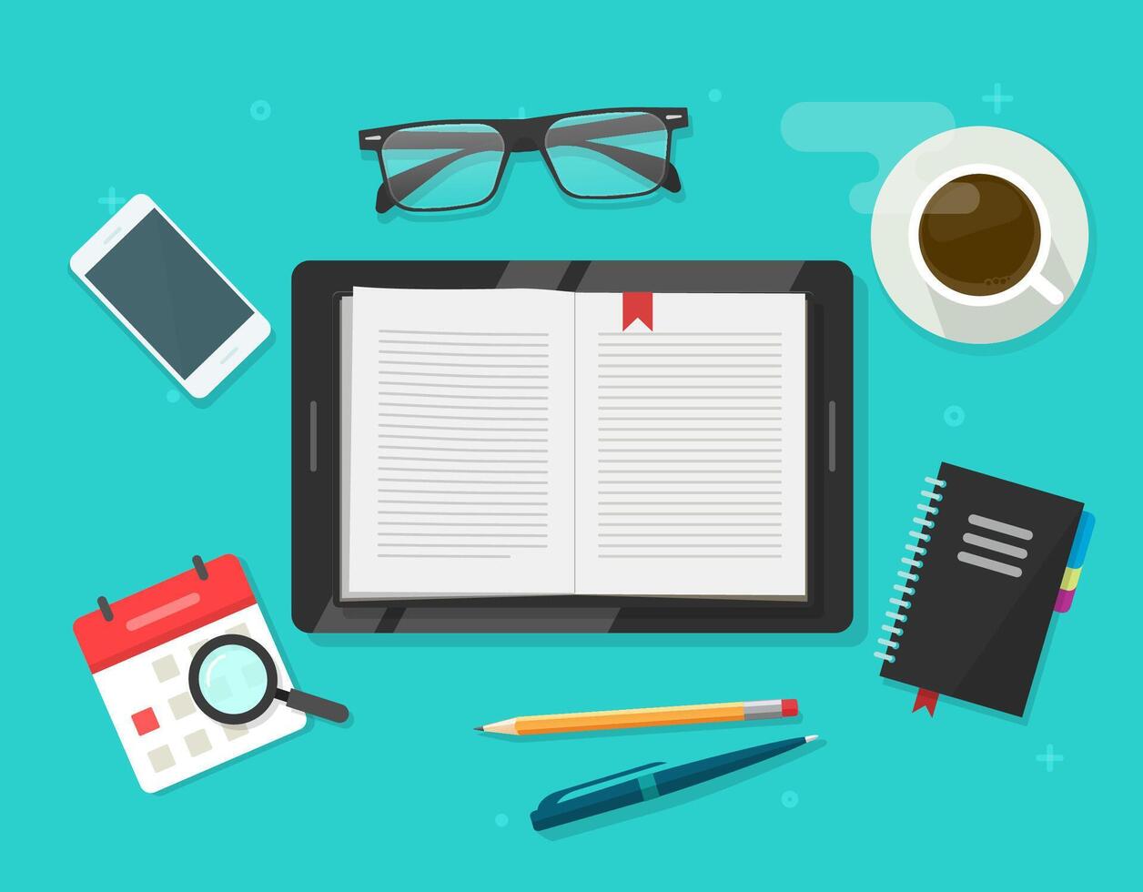 Digital book reading, electronic notebook reader on tablet computer flat cartoon illustration, ebook learning study idea above workplace table desk, education concept modern trendy design vector