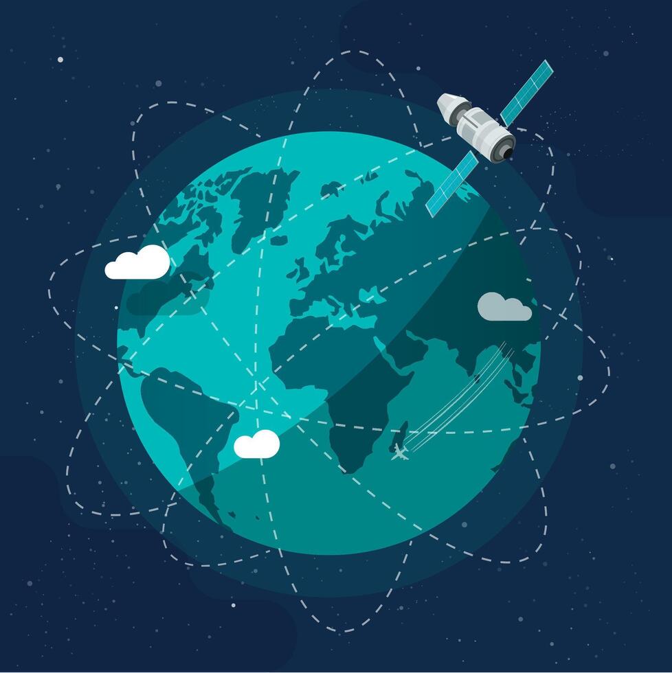 Satellite space ship station orbits around the earth planet as global communication future technology concept illustration flat cartoon, worldwide cosmic network vector