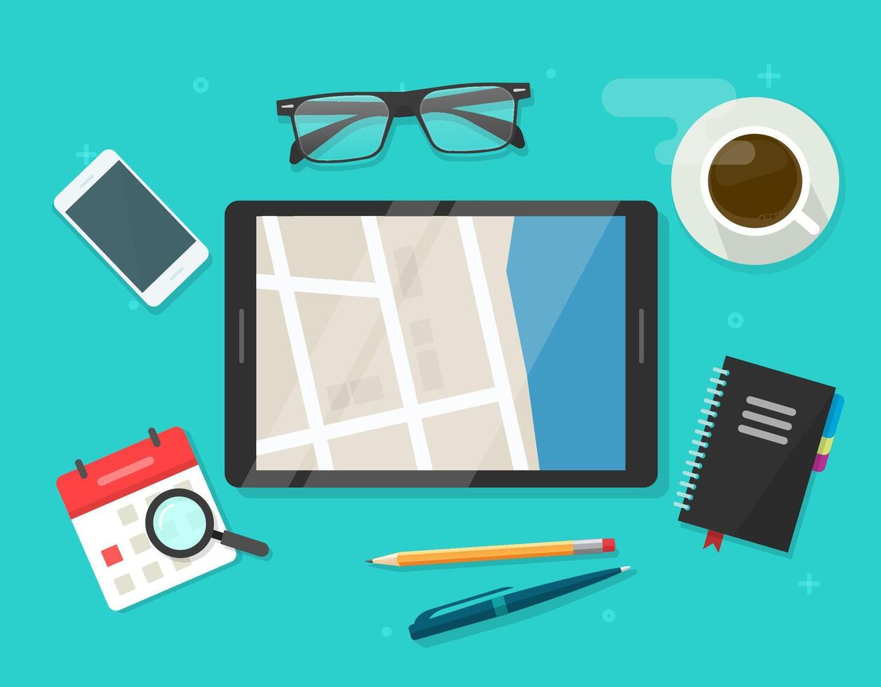 Digital road map navigator in city street tablet computer screen table desk, online electronic roadmap navigation technology icon flat cartoon workplace illustration vector