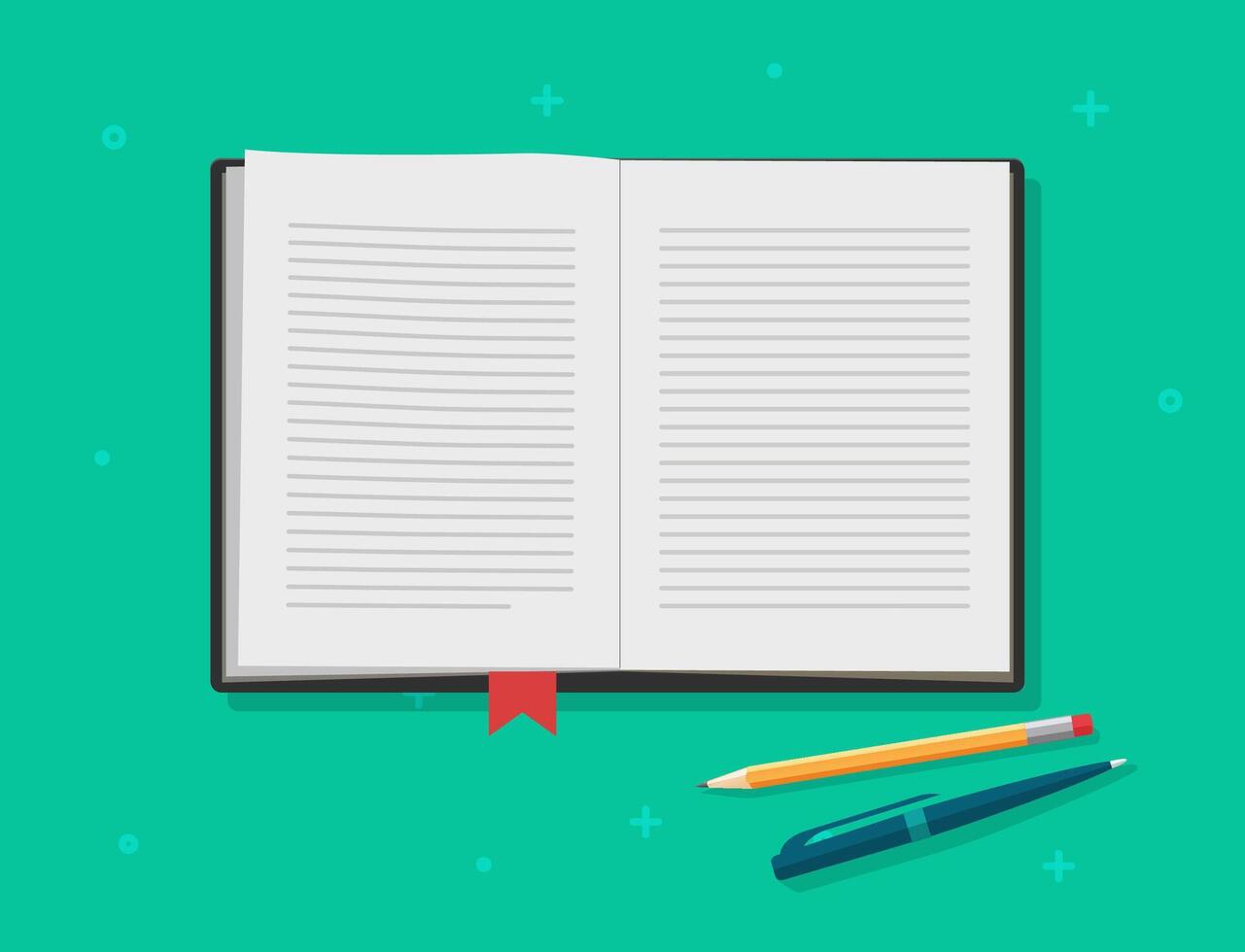 Book open , diary textbook text pages, reading notepad or notebook paper with bookmark, writing via pen and pencil on working desk table top view flat cartoon illustration vector