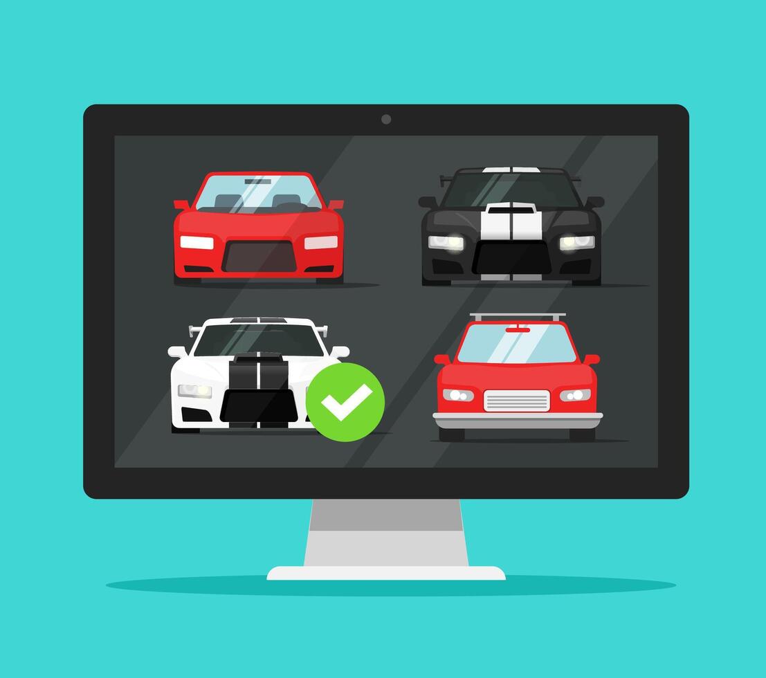 Car auto auction online on desktop computer or pc rental vehicle internet shop website comparison with choosing automobiles flat, concept of digital store buying screen or web selling modern vector