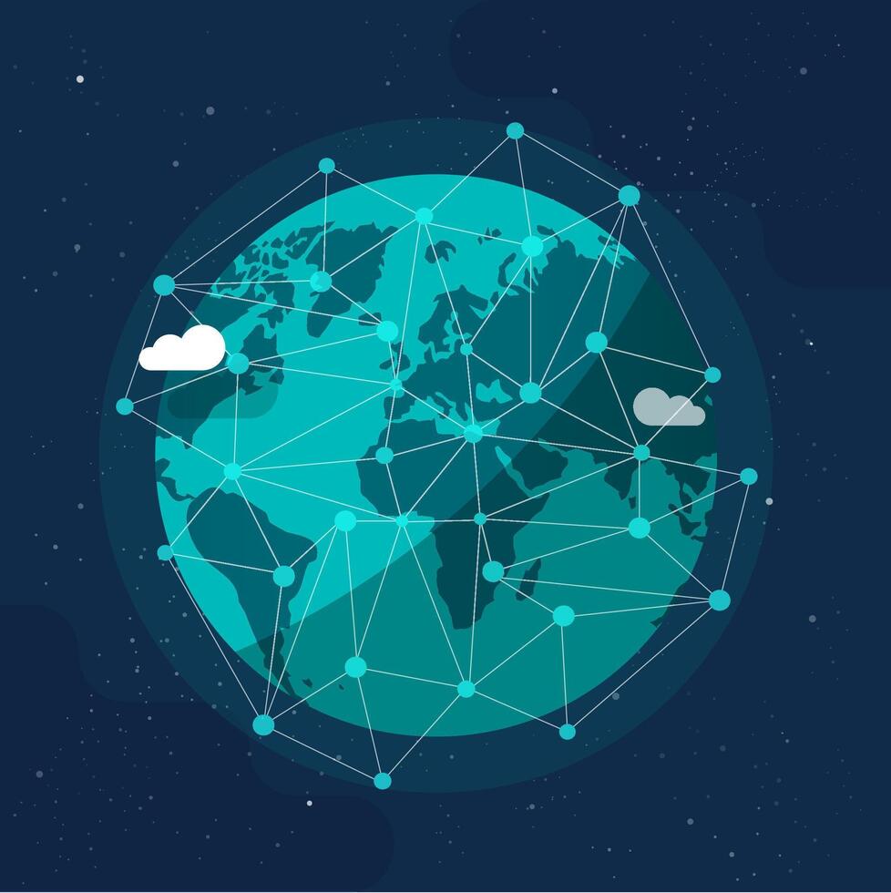 Global communication future technology business around the planet world from space concept or earth internet social worldwide network flat cartoon illustration modern design vector