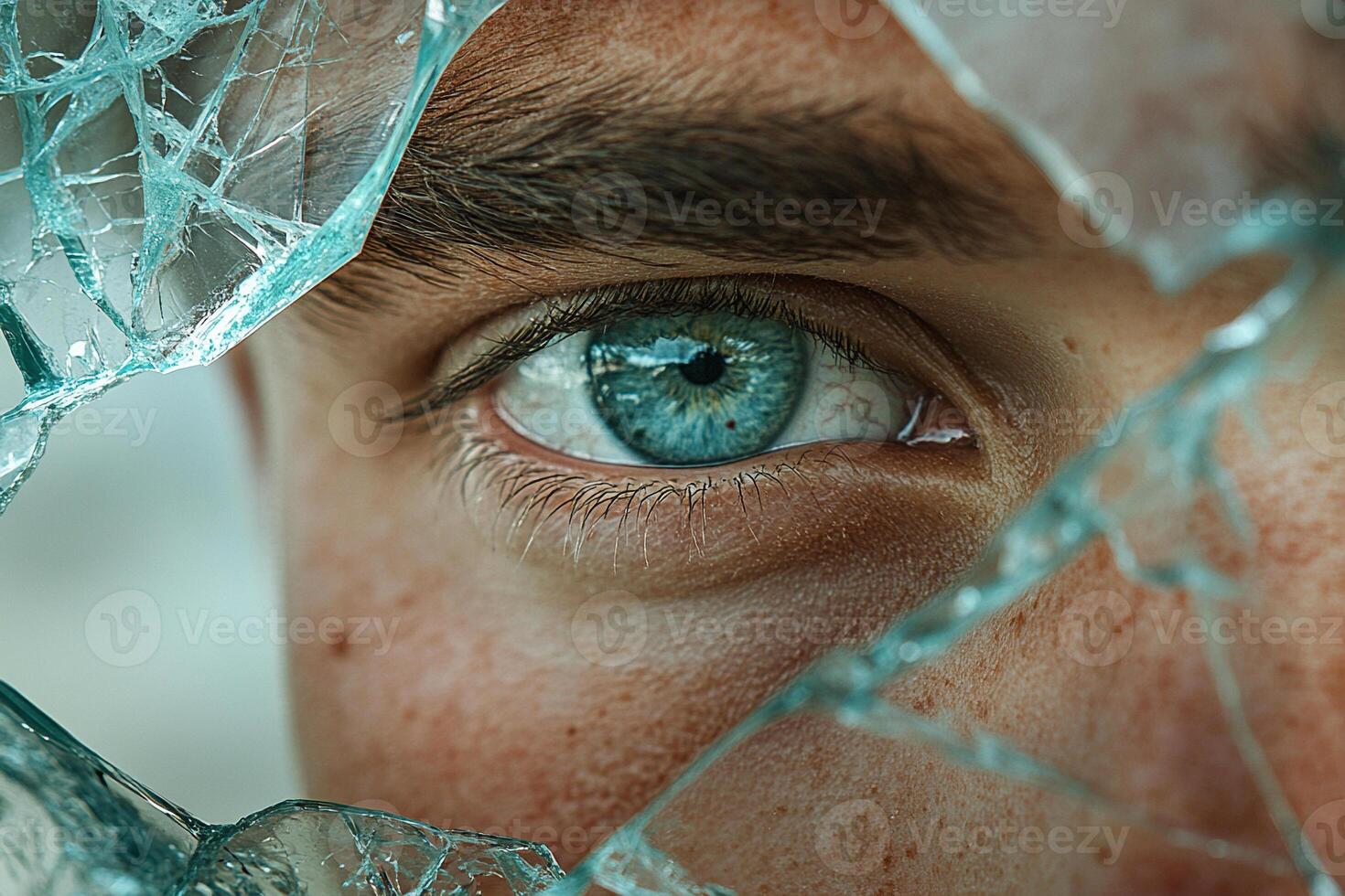 Shattered Gaze. An intense close-up of a blue eye peering through shattered glass. photo