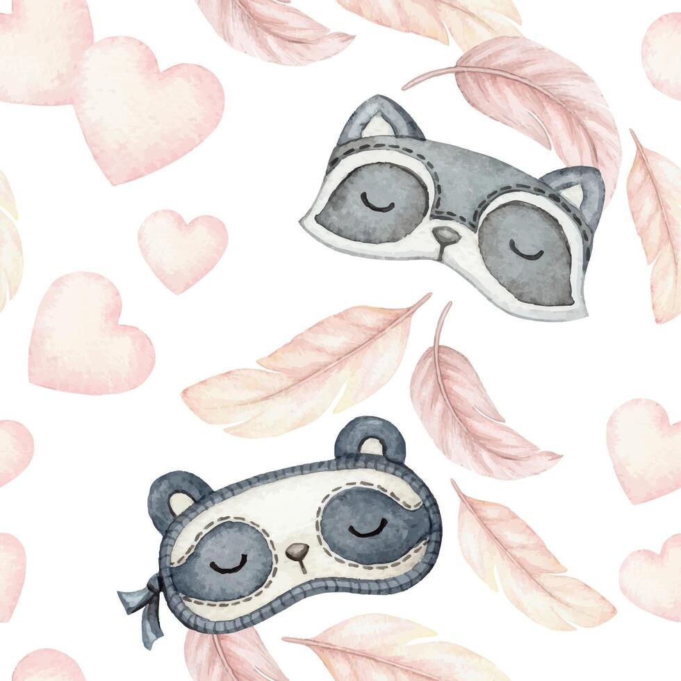 Sleep masks with heart and feather seamless pattern in cartoon style. Hand drawn watercolor illustration on a white background. Perfect for pajama party template and childish paper or fabric designs. vector