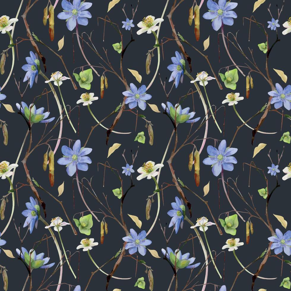 Branch with catkins, spring flowers blue hepatica forget-me-not, white forest anemone primrose, watercolor hand drawn. Seamless pattern botanical illustration isolated on dark. Wedding, florist shop vector